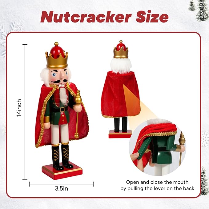 Nutcracker Christmas Decor, 14" Wooden Nutcracker Soldier Christmas Decoration Home Mantle Table Fireplace Christmas Ornaments for Festival Party (14" Red Fur Coat Staff Nutcracker)