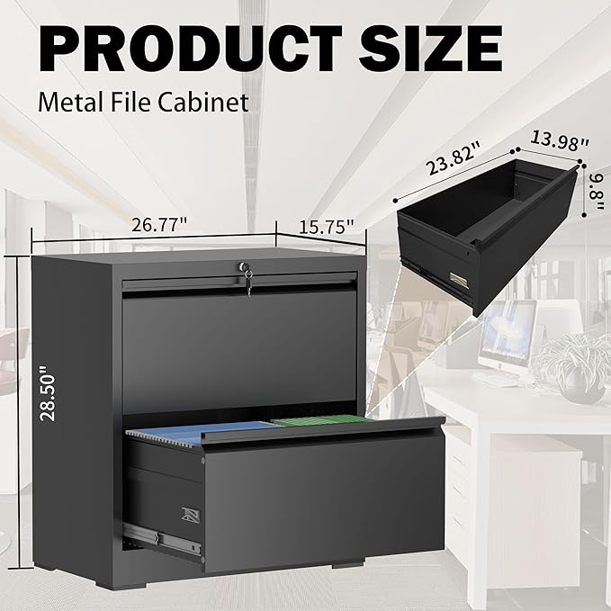 Lateral File Cabinet with Lock, 2 Drawer Filing Cabinet, Metal File Cabinets for Home Office, Steel Heavy-Duty Filing Storage Cabinet for Letters/Legal/A4 (Require Assembly, Black)