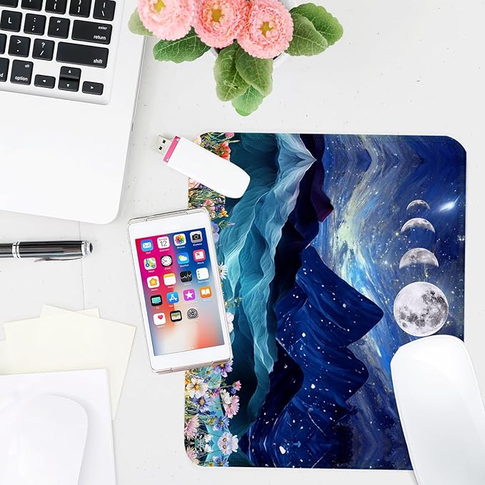 Mountain and Moon Square Mouse Pad,Non-Slip Rubber Base Mouse Pad, Home Office Decoration Desktop Accessory,Laptop Mouse Pad for Office Laptops,9.4x7.8x0.12in