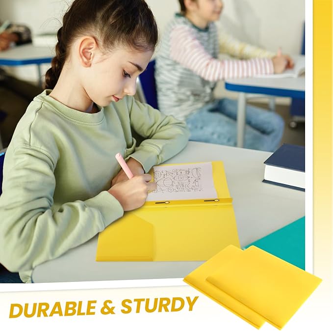 Lincia 100 Pcs Plastic Folders with Pockets and Prong Folders with Prongs Plastic Folders with 2 Pockets Pocket Folders for Office, School for Students, Teachers, Office Workers (Yellow)