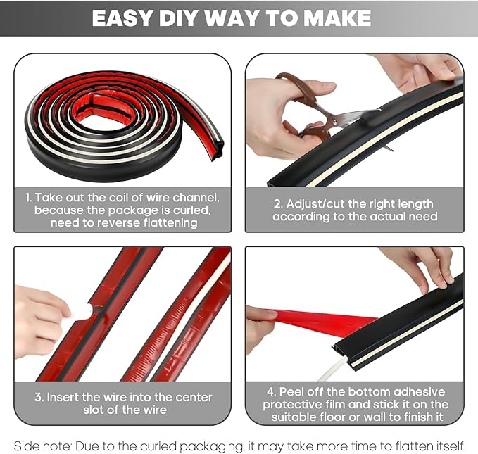 10ft Large Black Floor Cord Cover, Self-2" (W) x 0.6"(H), Cable Cavity:0.8"(W) x 0.4"(H), Adhesive Power Cable Protector, Silicone Cord Protector, Cord Management, Cord Concealer and Cable Hider