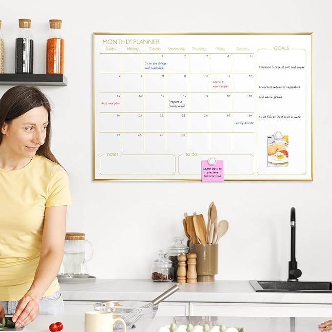 Magnetic Dry Erase Calendar Board for Wall - 36'' x 24'' Monthly Calendar Whiteboard - Gold Aluminum Frame