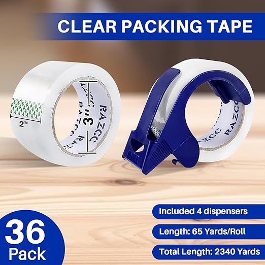 Clear Packing Tape, 36 Rolls Heavy Duty Packaging Tape with Dispensers for Packing Shipping Moving and Sealing, Thicker Packing Tape-2" x 65 Yards Per Roll, 2340 Total Yards