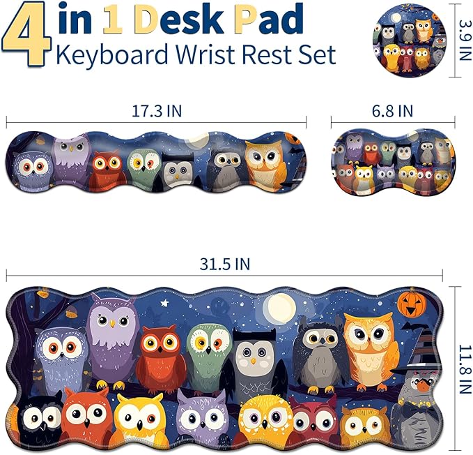 4-Piece XXL Gaming Mouse Pad Set (31.5"x11.8") with Keyboard Wrist Rest,Mouse Wrist Support & Coaster,Ergonomic Non-Slip Desk Mat for Office & Home,Colorful Night Owls