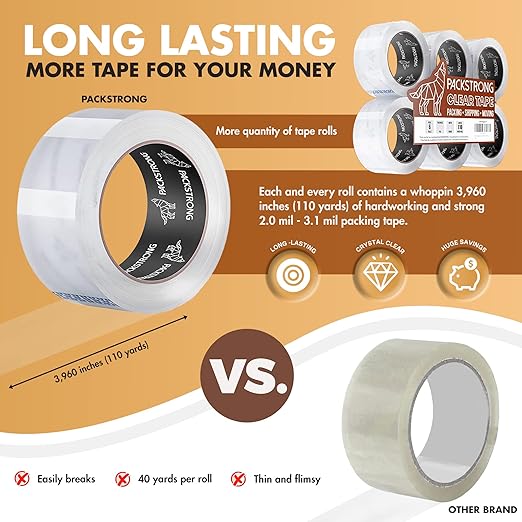 Packstrong Industrial Grade Clear Packing Tape 36 Rolls - 110 Yards per Roll - 2" Wide x 2 mil Thick, Acrylic Adhesive Tape for Box Office Moving Packaging Shipping