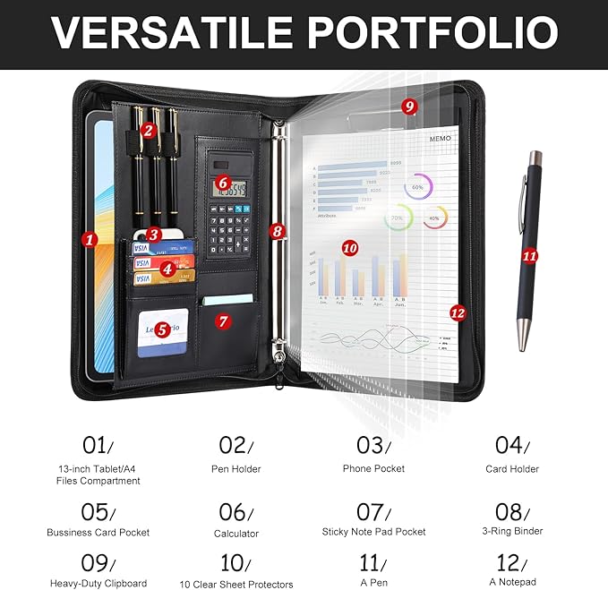 Leathario 3-Ring Portfolio Binder, Includes 5 Sheet Protectors and a Pen, 13 Inch Tablets Organizer, Vegan Leather A4 Padfolio, Multi-Pocket Notepad Business Planner Professional Document