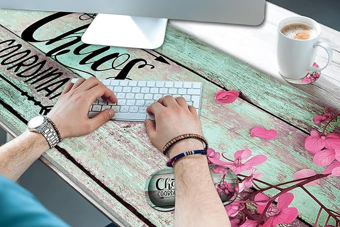 Large Gaming Mouse Pad + Wrist Rest + Coffee Coaster, Extended Waterproof Desk Mat with Stitched Edge 31.5"x11.8", Non-Slip Keyboard Desk Mat Pad for Office & Home, Quote Chaos Coordinator