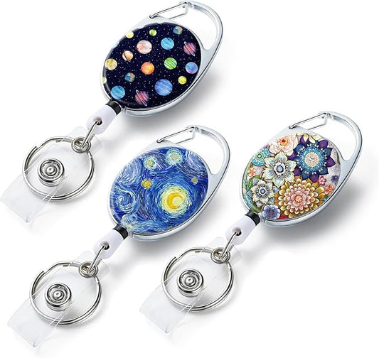 3 Pack Badge Reels Retractable，Double Sided Color Print Pattern Retractable Badge Holders，with Retractable Keychain, Badge Clip and Key Ring，Durable Nylon Retractable Rope