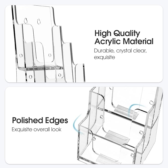 MaxGear Acrylic Brochure Holder, 4-Inch Wide 3 Tier Brochure Display Stand Clear Literature Holder Premium Acrylic Pamphlet Holder Multi Pocket, Wall Mount or Counter Top Use(6 Pack)