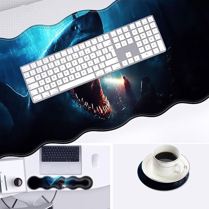 Large Mouse Pad and Keyboard Wrist Rest, Desk Pad for Keyboard and Mouse, 4-in-1 Large Gaming Mouse Pad with Wrist Support, Desk Mat for Home Office Study Game-Cute Shark