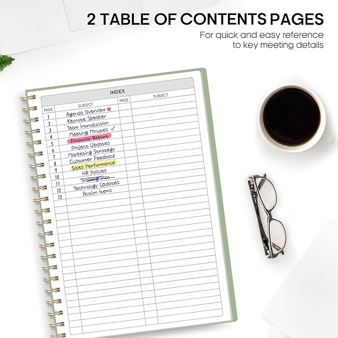 Meeting Notebook for Work Organization - Work Planner Notebook with Action Items, Agenda Planner for Note Taking, 160 Pages (6.9" X 9.9") Project Organizer for Men & Women - Green