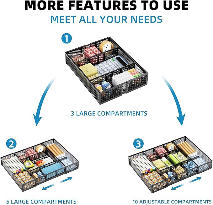 Marbrasse Expandable Desk Drawer Organizer, Mesh Drawer Organizer Tray with 10 Adjustable Compartments, Desk Organizers and Accessories for Office Supplies, Makeup & Vanity (Expandable Black-2 pack)