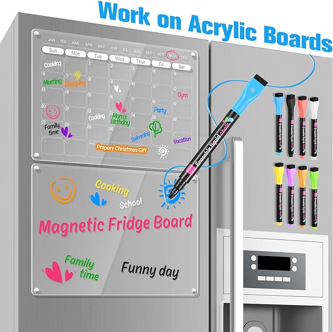 Liquid Chalk Markers Magnetic Wet Erase Markers for Acrylic Calendar Planning Board Clear Glass Writing Board Whiteboard Window/Mirror, 16 Pack, 8 Vibrant Color, 1mm Fine Tip