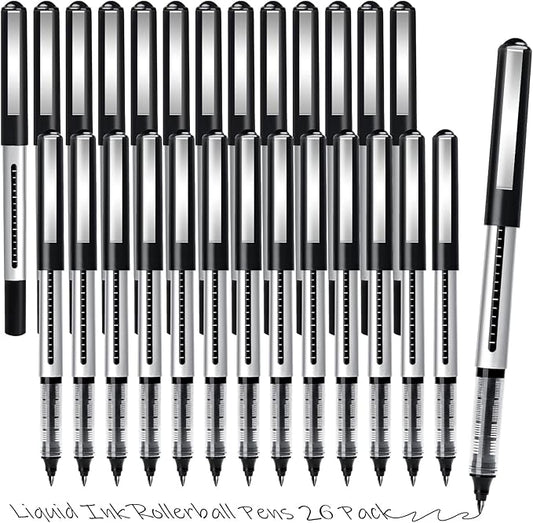 Rollerball Pens Fine Point Pens, 26 Pack Black Liquid Ink Rollerball Pens, 0.5mm Roller Ball Pens, Smooth Writing for Journaling School Office