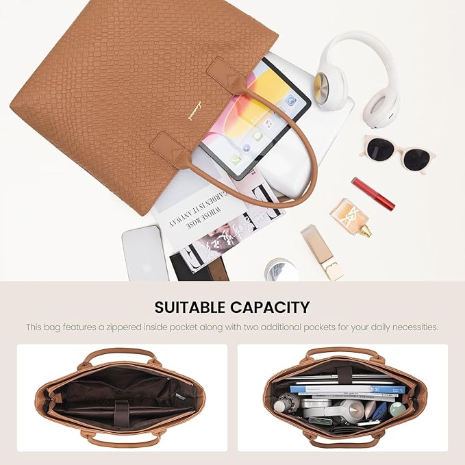 LOVEVOOK Laptop Tote Bag for Women 15.6 Inch, Woven-like PU Work Tote Briefcase for Office with Small Clutch, Light Brown