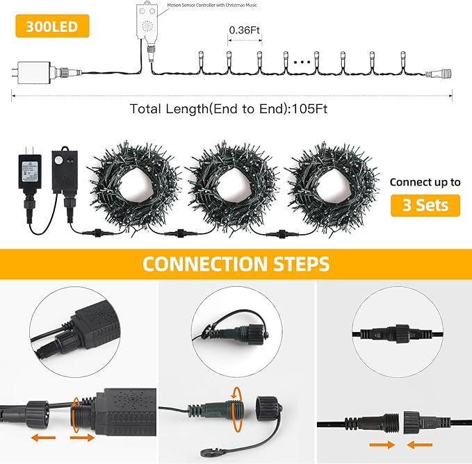 Music Motion Sensor Christmas String Lights 105ft 300 LED, Warm White Christmas Tree Light，End to End Plug In 6 Modes Christma s Lights, Waterproof for Indoor Outdoor Tree Party Yard Room Decor