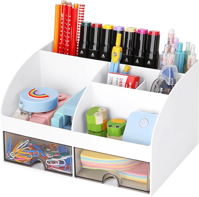 Office Desk Organizer with Drawers for Desktop/Tabletop/Counter, Desk Top Accessories Stationary Organizer Desk Caddy, Pen/Pencil/Business Card/Sticky Note Tray/Paperclip Holder Storage Box (White)