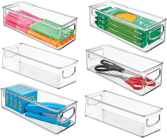 mDesign Small Plastic Office Storage Container Bins with Handles for Organization in Filing Cabinet, Closet Shelf, or Desk Drawers, Organizer for Notes, Pens, Pencils, Ligne Collection, 6 Pack - Clear