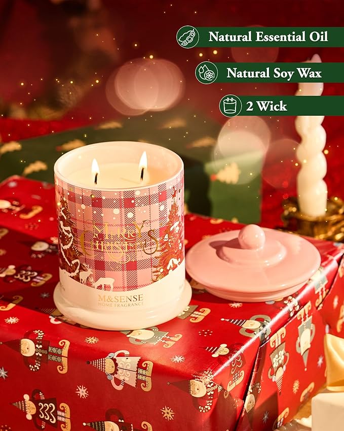 M&SENSE Winter Candles Frosted Rose Scented, 12.7oz 75 Hours Clean Burn, Non Toxic Soy Wax 2 Wick, Luxury Christmas Holiday Gifts for Women, Decorative Jar Candles for Home