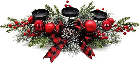 27.5-Inch Christmas Table Centerpiece with Candle Holders, Red Berries, and Pine Cones