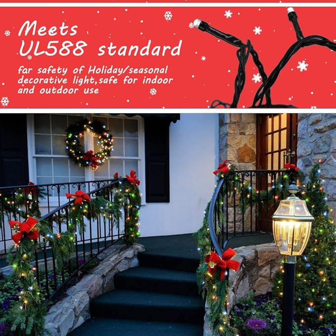 Multicolor Outdoor Christmas Lights - 105FT 300 LED, Indoor, Waterproof, Xmas Tree Decorations, Garden Party