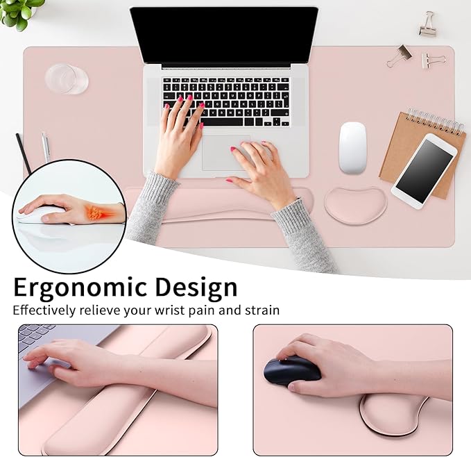 Mouse Pad and Keyboard Wrist Rest, Large Keyboard and Mouse Pad Set, Ergonomic Mousepad with Wrist Rest, Non-Slip Desk Mat Protector for Office, Home (31.5×15.7 Inches, Pink)