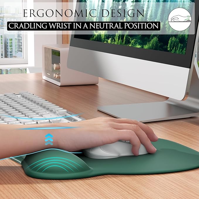 MROCO Ergonomic Mouse Pad with Gel Wrist Rest, Comfortable Mousepad with Smooth Wrist Support Surface and Non-Slip PU Base for Pain Relief, Computer, Laptop, Office & Home, 9.4 x 8.1 in, Forest Green