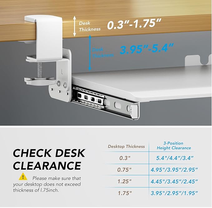 AX WABER Keyboard Tray Under Desk Pull Out with Extra Sturdy C Clamp Mount System, 27.3 (32.5 inch Including Clamps) x 11 Inch Slide-Out Platform Computer Drawer for Typing White AX01WW01