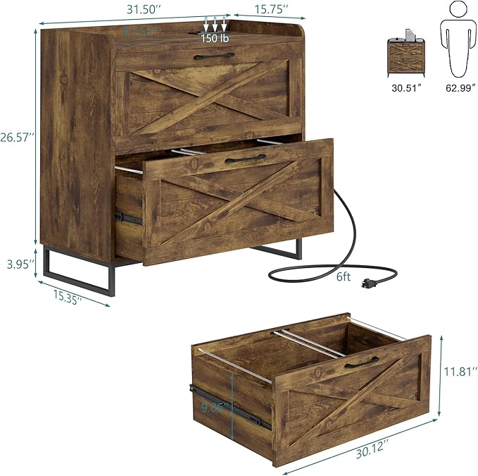 Lateral File Cabinet 2 Drawer File Cabinet with Charging Station for Legal/Letter/A4 Size Hanging Files, Large Wood File Storage Cabinets Printer Stand for Home Office, Rustic Brown