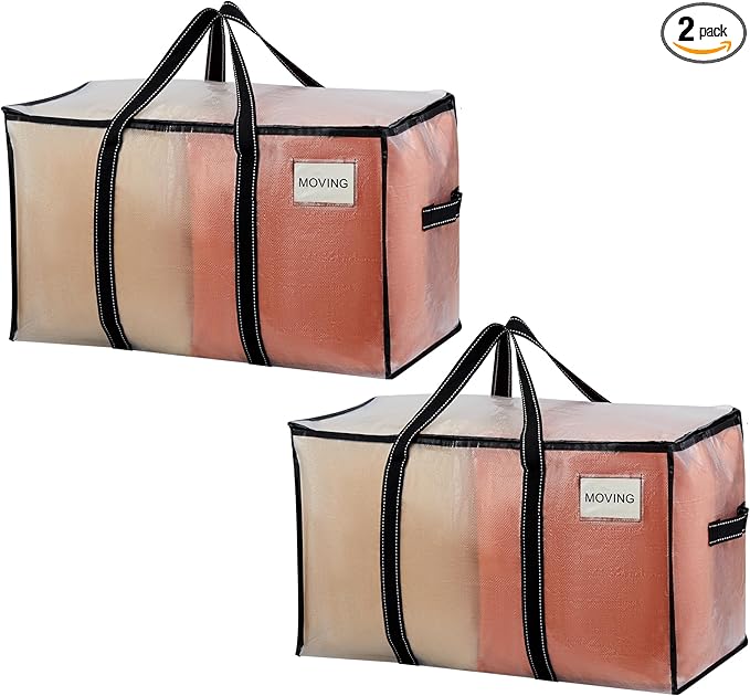VENO 2 Pack Moving Bags, Moving Supplies, Moving Boxes, College Packing Storage Boxes with Lids Alternative, Heavy Duty Totes, Extra Large, Sturdy Handles, Zipper (Clear with Black Handles, 2 Pack)