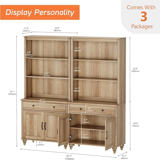 WAMPAT 5 Tier Bookshelf 72" Tall Bookcase with Barn Doors, Large Farmhouse Display Book Shelf with 2 Drawers and Storage Cabinet, Library Wood Bookshelves for Living Room,Kitchen, Oak(2PCS)