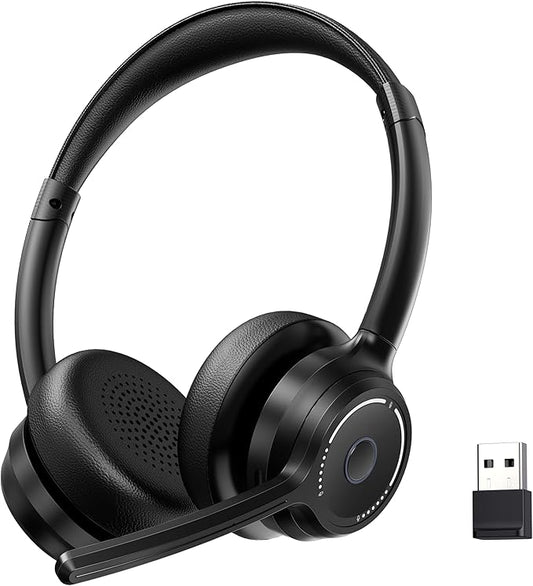(2025 Upgraded) Wireless Headset with Mic for Work, Bluetooth Headset with Noise Canceling Microphone, Wireless Headphones with Mic and USB Dongle and Mute, Fit for Computer/PC/Teams