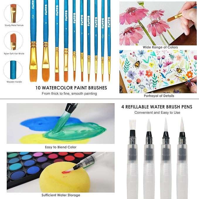 Funto Watercolor Set, 48 Color Paint Set, 10 Brushes, 30 Page Pad(9"x12"), 4 Refillable Pens & More, Painting Kit for Kids, Adults, Beginners