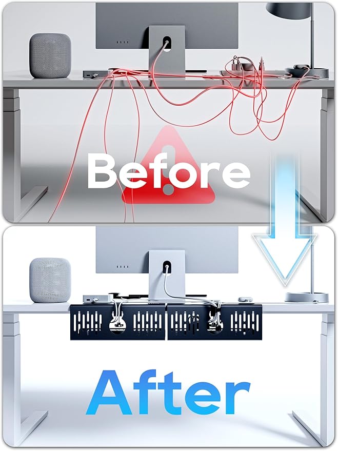 NODOCA No Drill Under Desk Cable Management Tray, 14'' Wire Management, Punch-Free Clamp on, Metal Cable Tray, Wire Organizer Under Desk, Under Desk Basket for Office and Home, Black