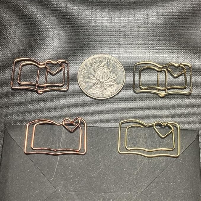 OWLFAVO 40pcs Book Shape Paper Clips with Clear Box, Rose Gold and Yellow Gold, Funny Cute Paperclips Bookmarks Planner Clips for Fun Office Supplies School Gifts Wedding Decoration