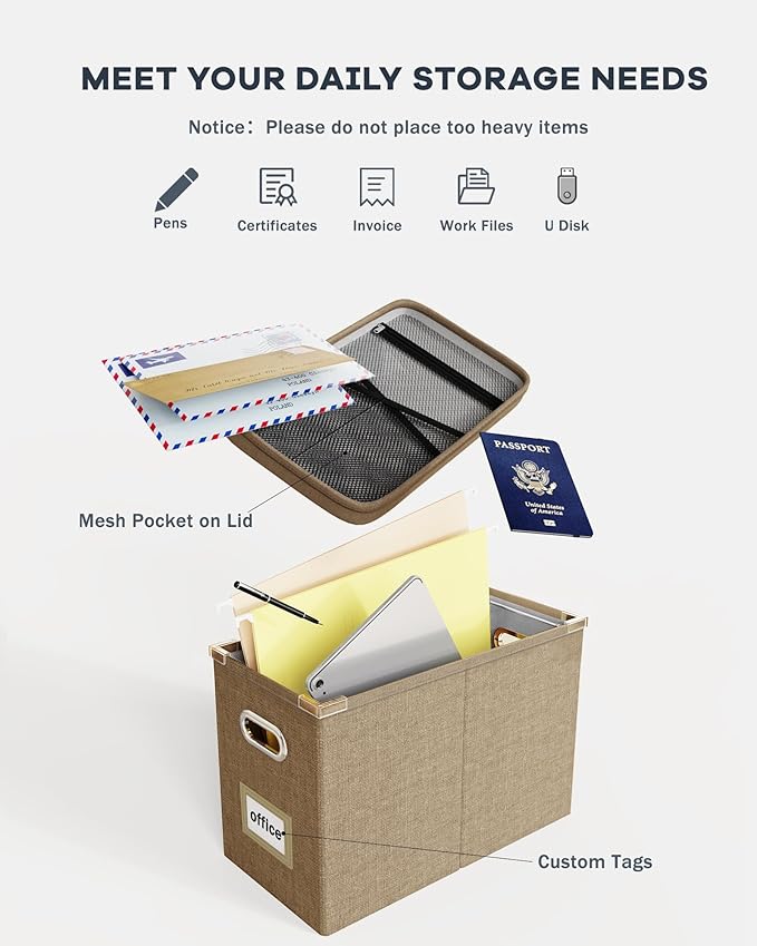 Oterri File Organizer Box with Lid, Hanging Filing File Box with Mesh Pocket, Document Organizer Box for Letter Files, Portable Storage Box with Smooth Sliding Rail for Office&Home(1 PCS, Khaki)