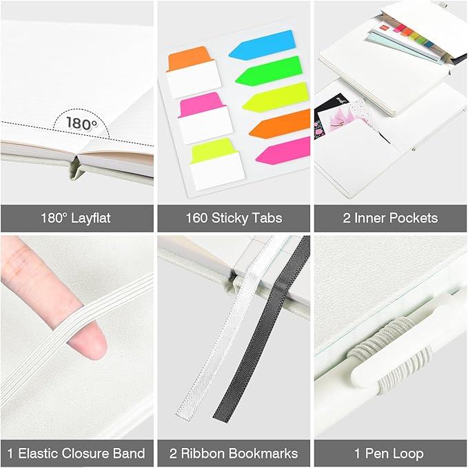 Lined Journal Notebook, 3 Pack A5 College Ruled Notebooks for Work, Hardcover Notebook Each with 2 Pockets & Pen, Leather Journal for Women, Men, 160 Pages, 100GSM Thick Paper ( White 5.7" x 8.3" )