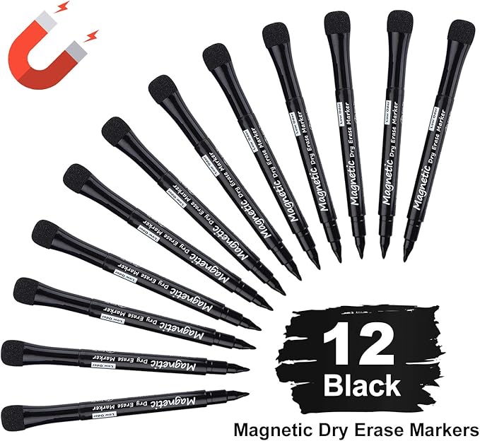 Magnetic Dry Erase Markers - Fine Tip, Black Color, 12 Pack, Low Odor Whiteboard Markers for Kids & School, Work On White board & Calendar, Refrigerator