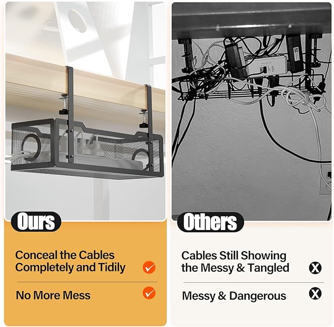 2 Pack Under Desk Cable Management Box Black, Cinati 26.8" Wire Organizers No Drill, Cord Organization Tray with Clamp for Office, Home - No Damage to Desk