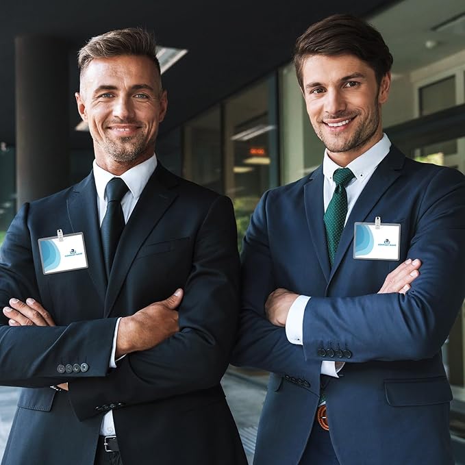 Eaasty Name Tags with Clips and Printable Inserts Clip On Name Badges Customizable Clear ID Badge Holder with Clips 3" x 4" Horizontal PVC for Meeting Seminar Show Event and Conference(100 Pack)