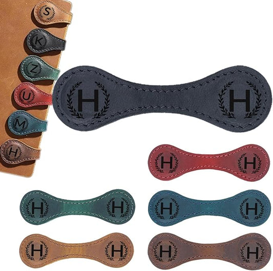 Magnetic Leather Bookmark with 26 Initial for Reading Women,Personalized Magnet Book Marks Gifts for Men,Book Lovers (Black, H)