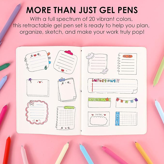 Grabie Retractable Colorful Gel Pens, Perfect for Vibrant Colored Writing and Sketching, Quick Dry Colored Gel Pens, 0.7 mm, Smooth Writing for Journaling and Note Taking, Pack of 20