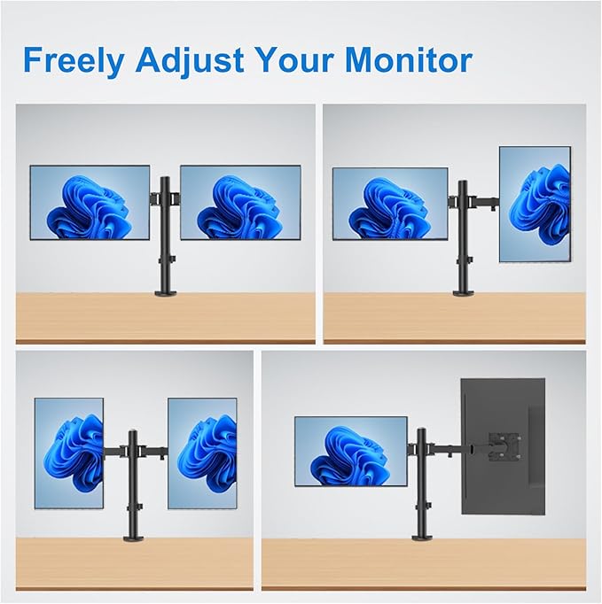 H&C(hcck&Cllassp) Dual Monitor Mount, Monitor Arm with Swivel, Tilt, Rotation, Height Adjustable, VESA Mount for 17-27” Monitors up to 17.6lbs, Desk Mount with C-Clamp, Black