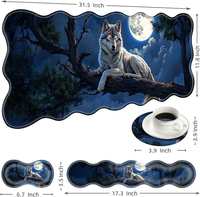 Large Mouse Pad and Keyboard Wrist Rest, Desk Pad for Keyboard and Mouse, 4-in-1 Large Gaming Mouse Pad with Wrist Support, Desk Mat for Home Office Study Game-Wolf in The Moonlight