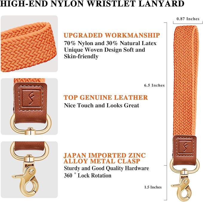 Fishent Stretchy Wristlet Keychain,Braided Cute Wrist Lanyards for Keys, Key Chain Holder for Women Men, Wrist Strap Keychain for Car Keys Phone Camera Wallet ID Badges Card (Orange)