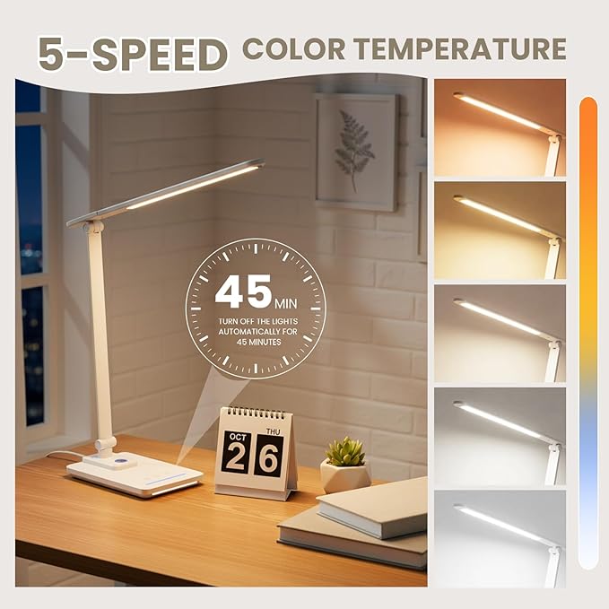 TECHNOVA LED Desk Lamp with 5 Color Temperatures | Sliding Stepless Dimming & One-Touch Timer | Foldable & Portable Design for Office/Study/Nail Art | USB Charging & Four-Axis Rotation for Small Desks