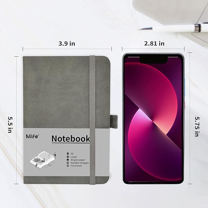 Mlife A6 Small Journal Notebook, Lined Pocket Notebook with Pen Holder, Mini Notebook Hardcover, 192 Pages, 3.9 inches * 5.5 inches Jurnal for Women and Man (3Pack Grey)