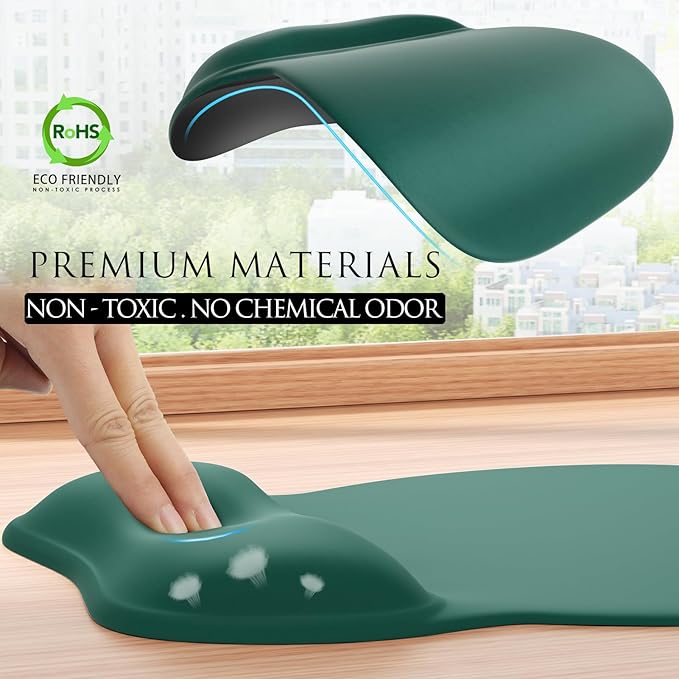 MROCO Ergonomic Mouse Pad with Gel Wrist Rest, Comfortable Mousepad with Smooth Wrist Support Surface and Non-Slip PU Base for Pain Relief, Computer, Laptop, Office & Home, 9.4 x 8.1 in, Forest Green