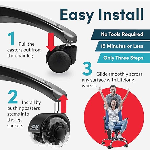 Lifelong Office Chair Wheels Replacement Rubber Chair Casters for Hardwood Floors and Carpet, Set of 5, Heavy Duty Casters for Chairs to Replace Office Chair Mats - Fits 98%