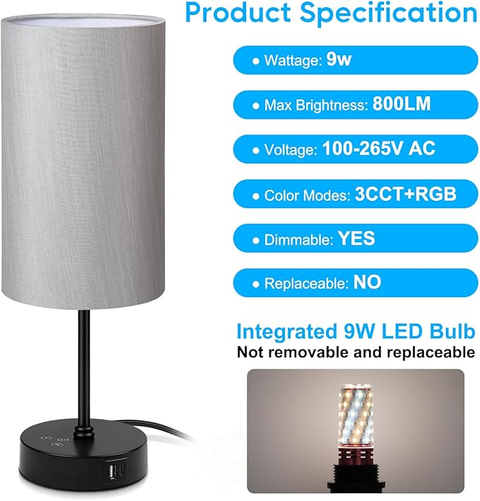 Unicozin 17Inch Table Lamp, 3 CCT 3000K/4500K/6500K & RGB Color Changing, Stepless Dimmable Bedside Lamp for Reading, Ambience Nightstand Light for Home Decor Party, Grey Shade